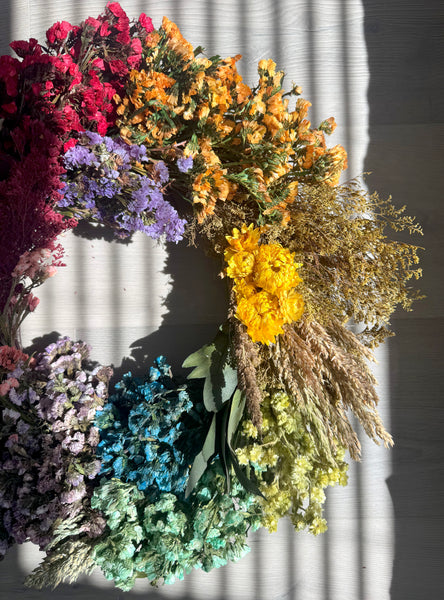 Preserved Floral Rainbow Wreath 19” Handcrafted